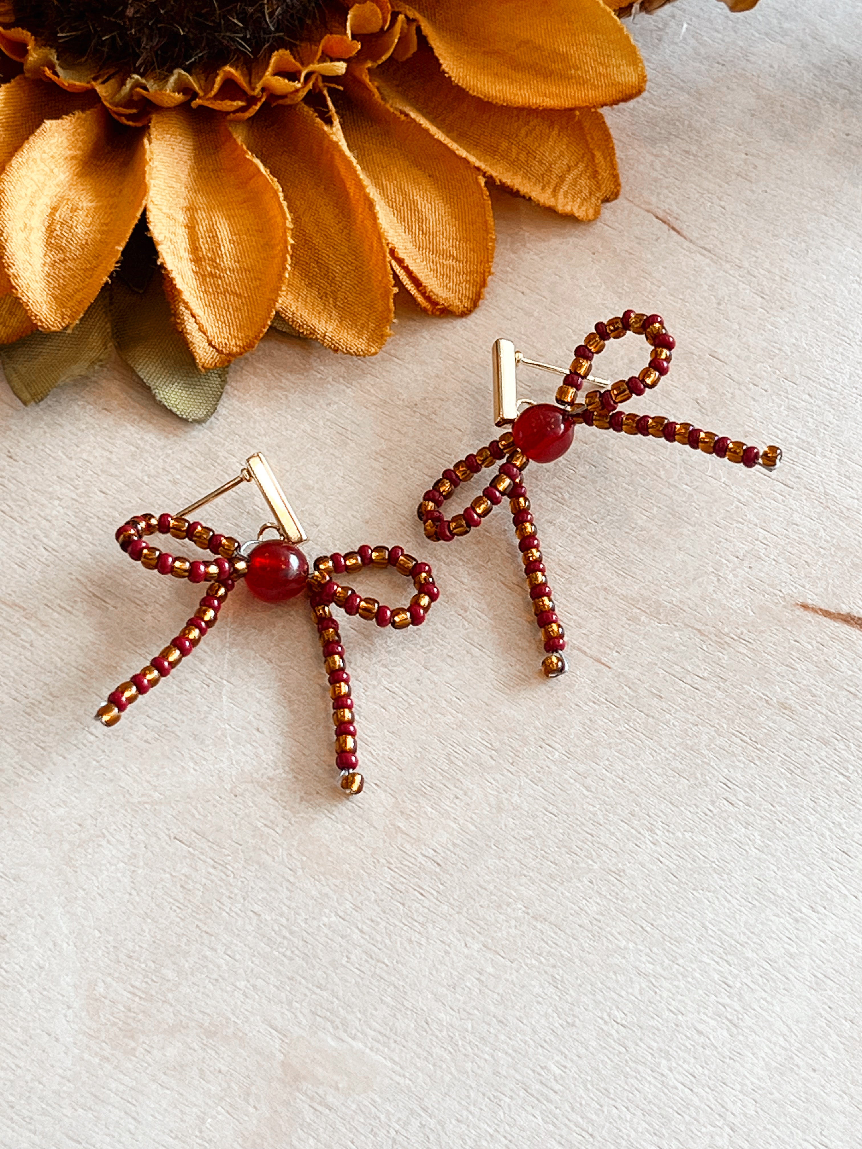 Red & Gold Bow Handbeaded Earrings