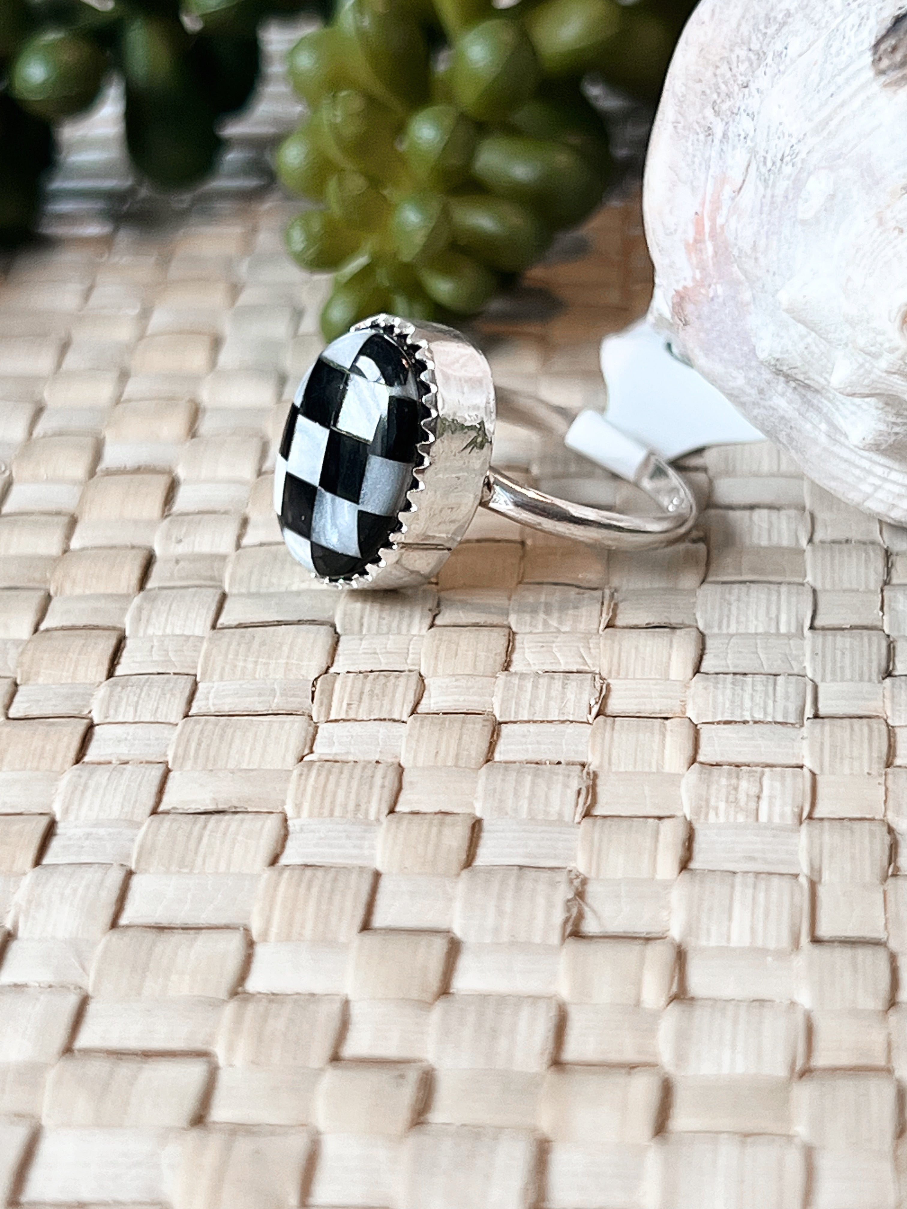 Knightfall Checker Abalone & Onyx Sterling Silver Ring