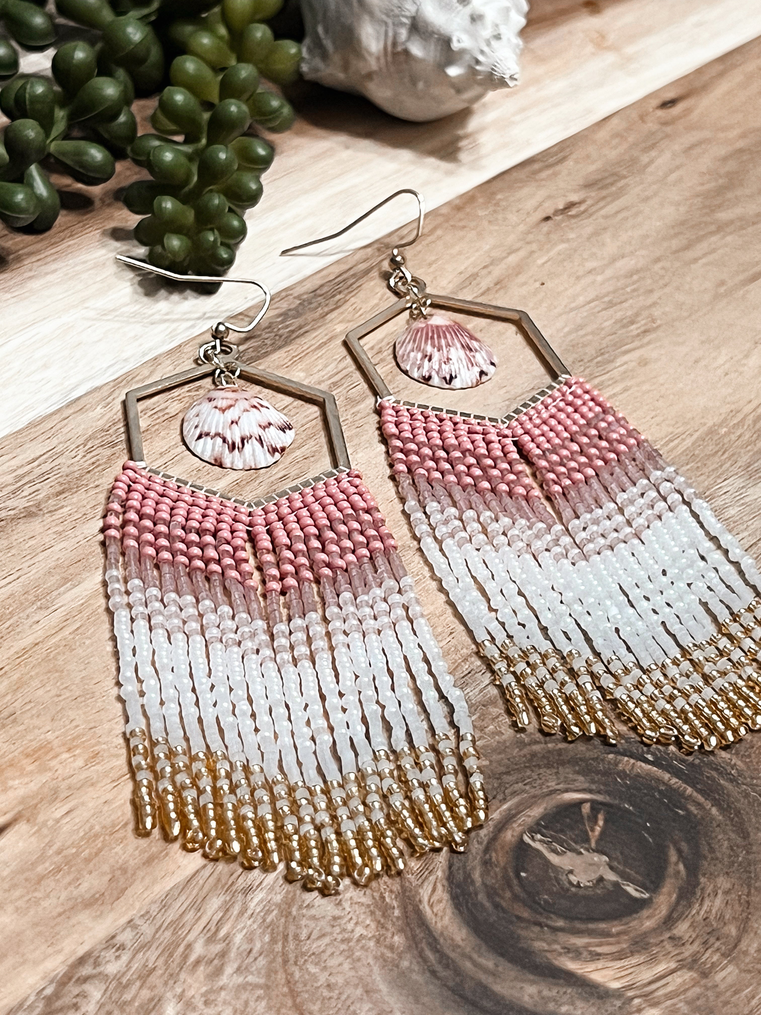Shimmer Calico Shell Hand Beaded Earrings