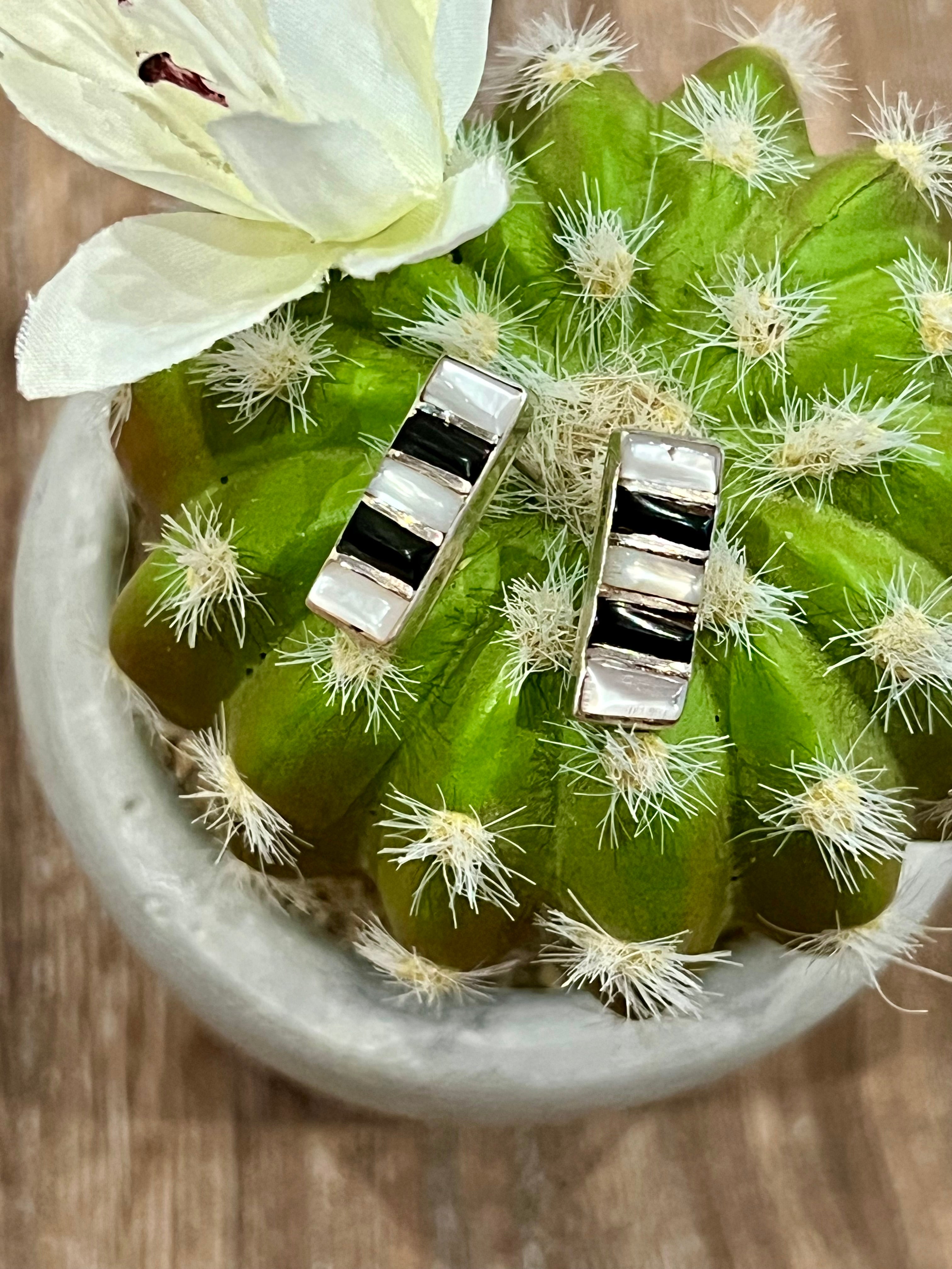 Stacked Opal & Onyx Stud Sterling Silver Earrings