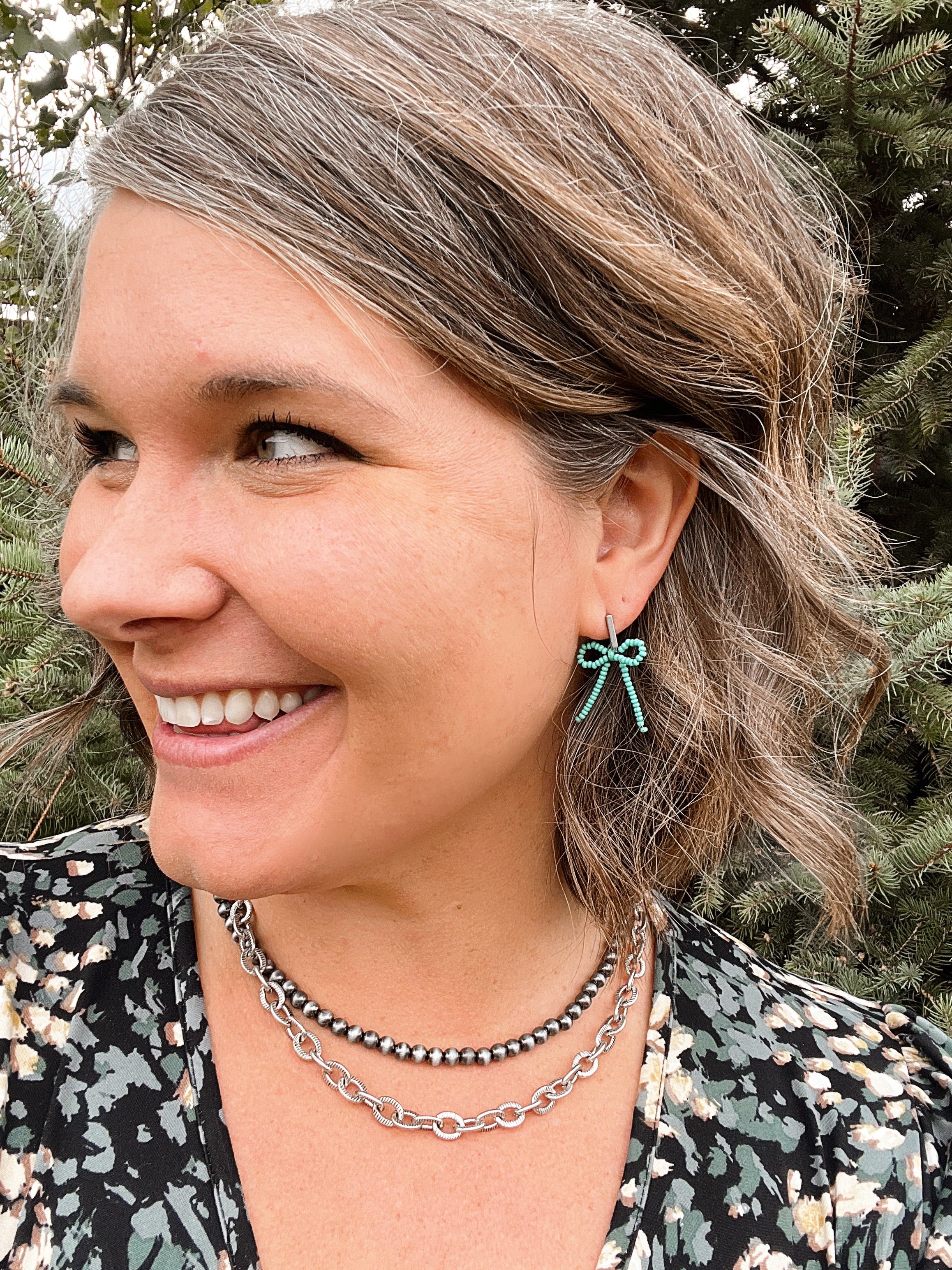 Turquoise Bow Handbeaded Earrings