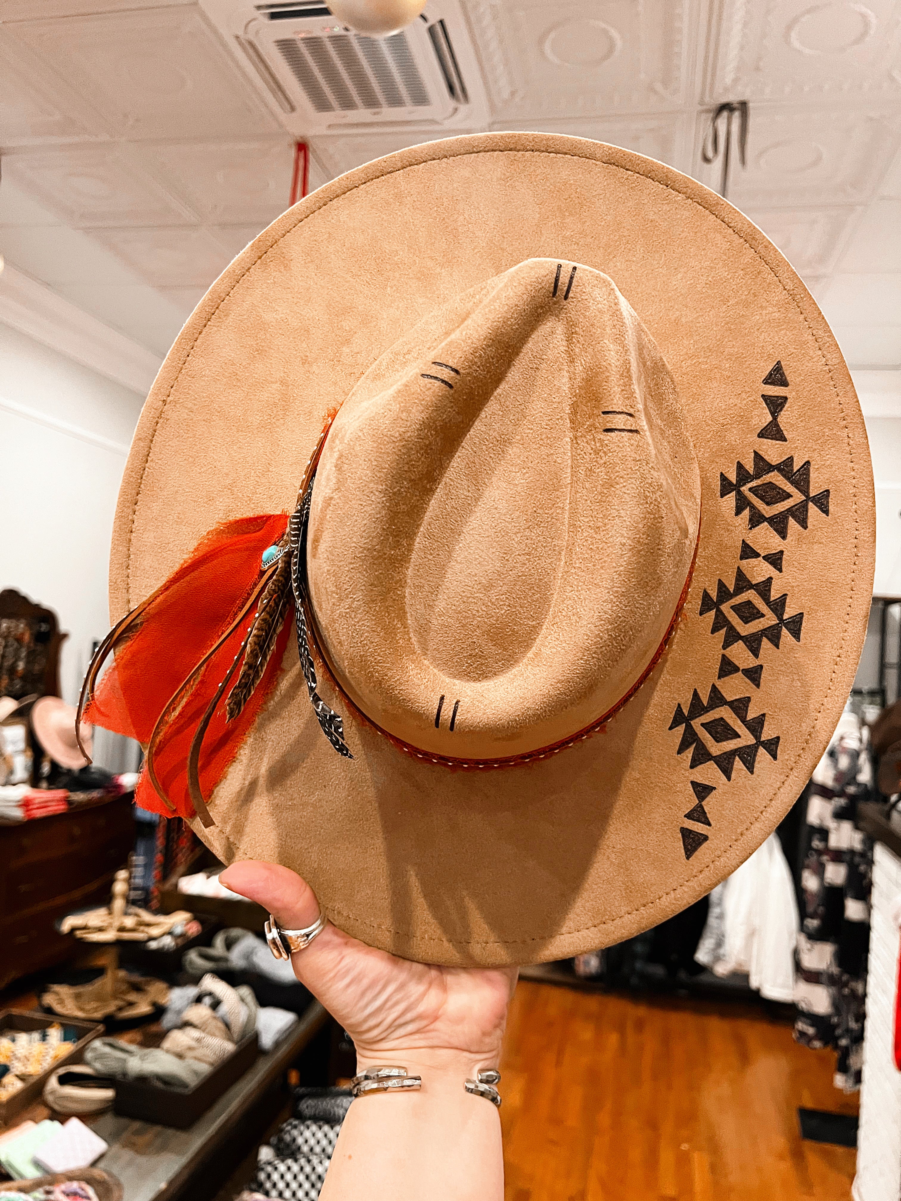 Tan Aztec Hand Burned Hat