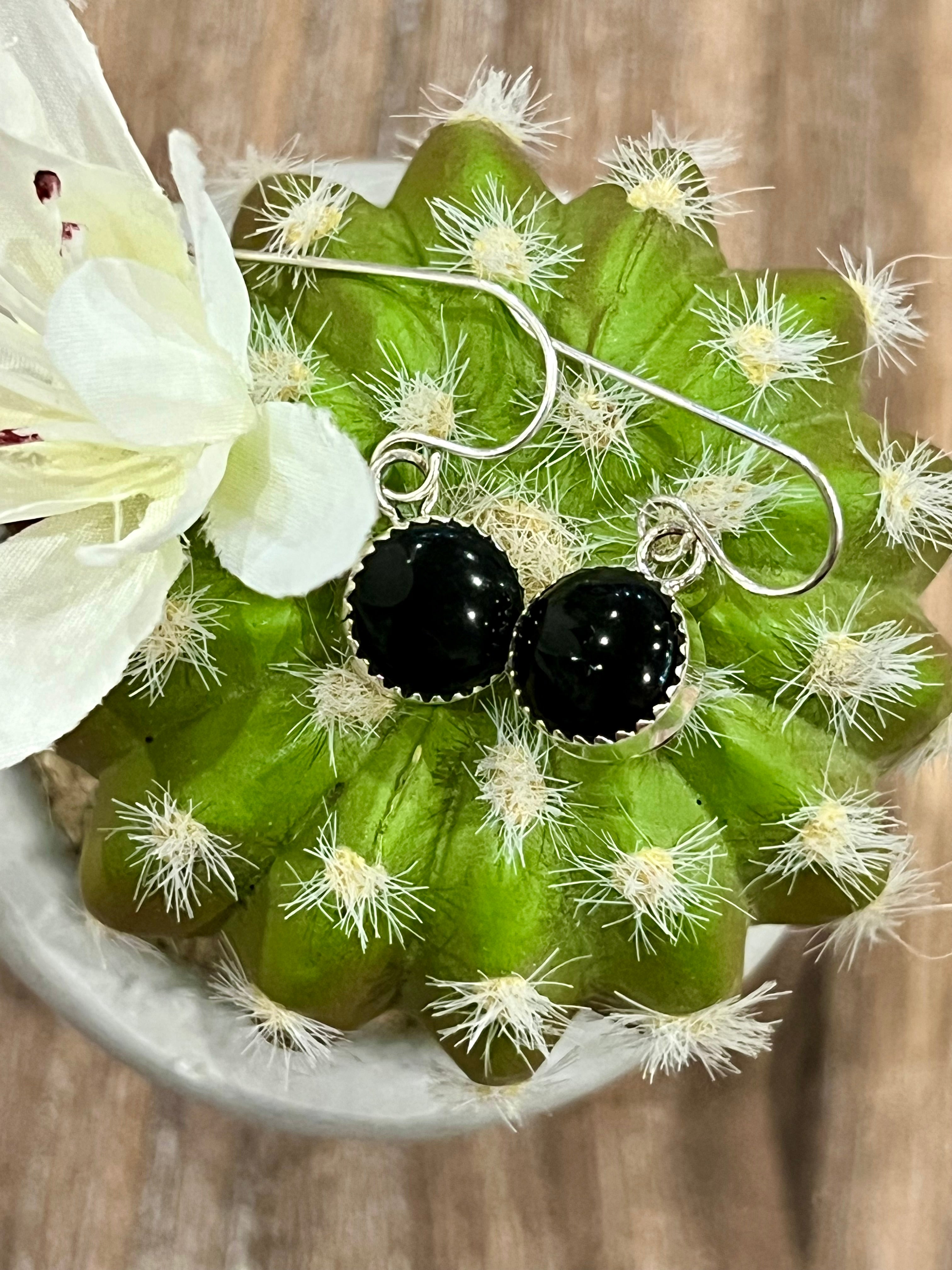 Black Spot Onyx Dangle Sterling Silver Earrings