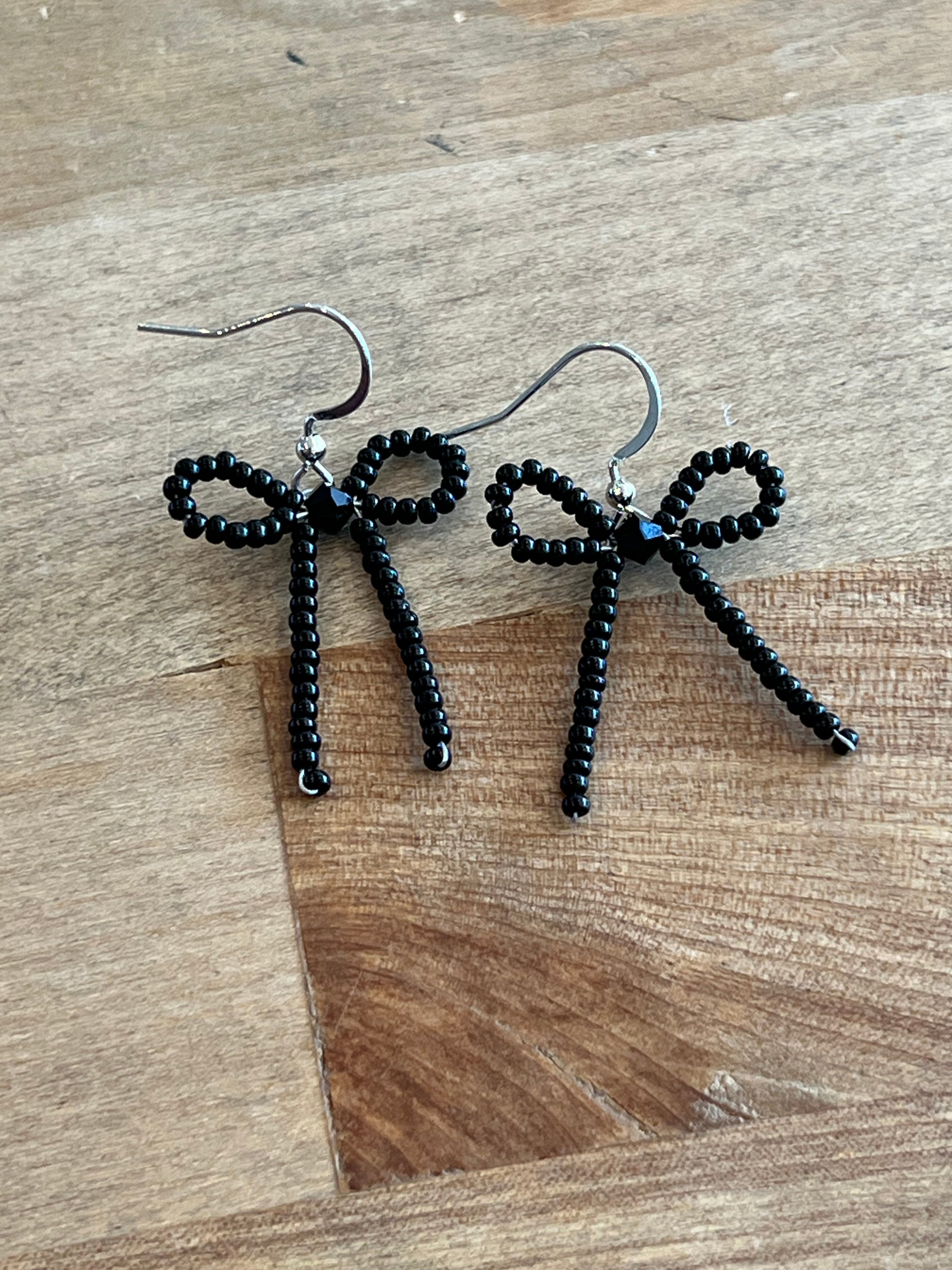 Black Bow Handbeaded Earrings