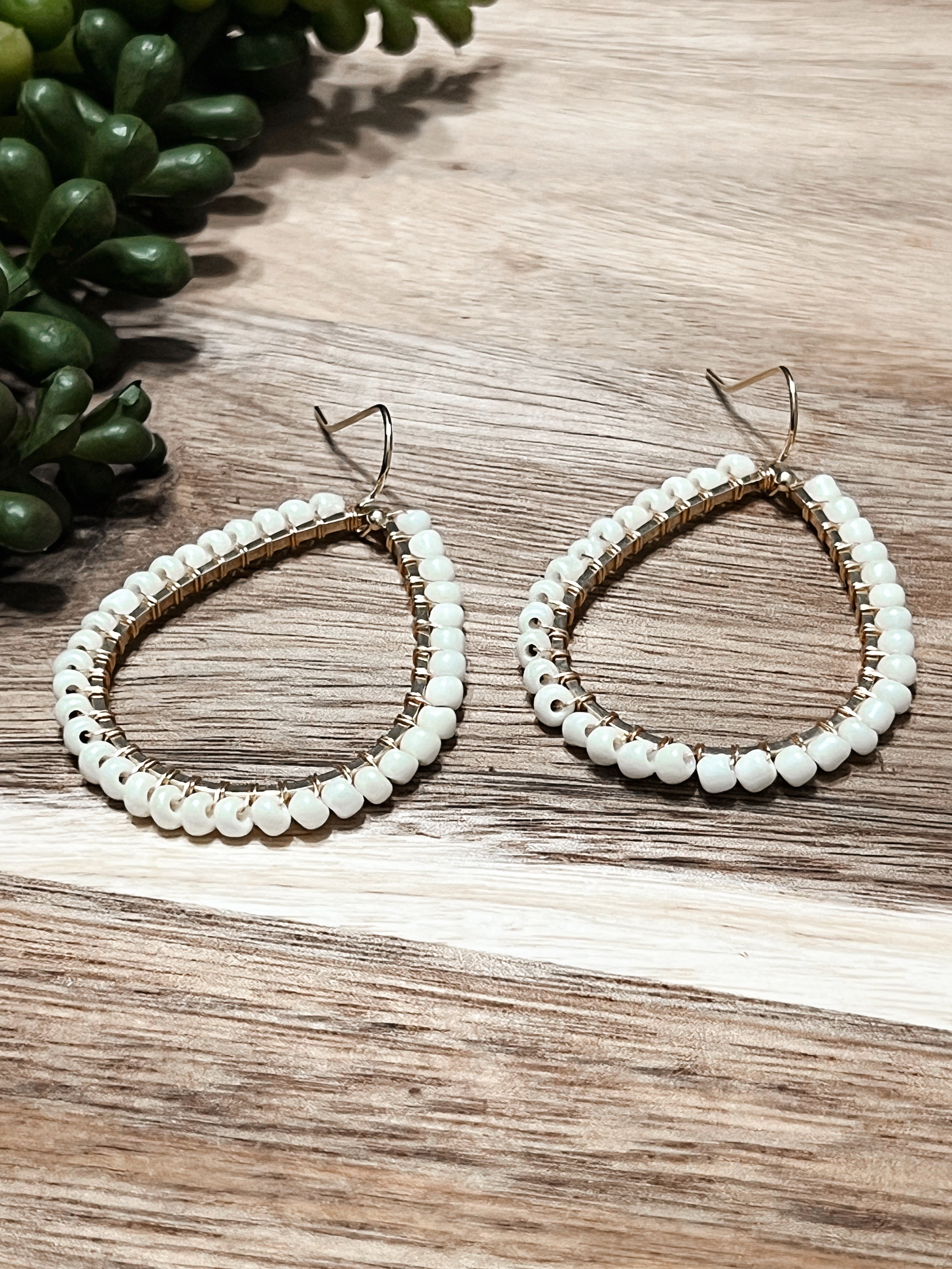 White Bead Frame Earrings