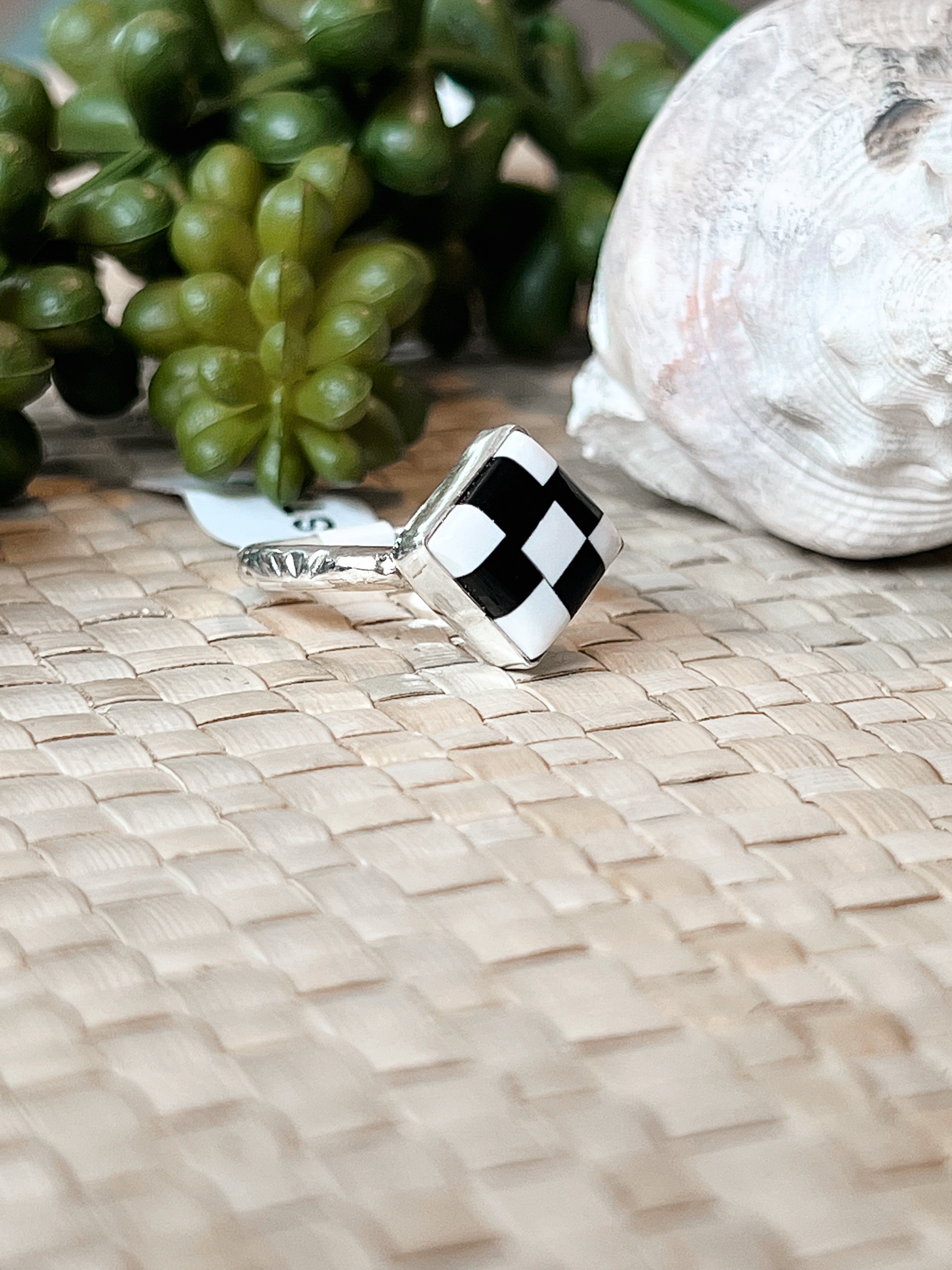 Queen’s Gambit Checker White Buffalo & Onyx Sterling Silver Ring