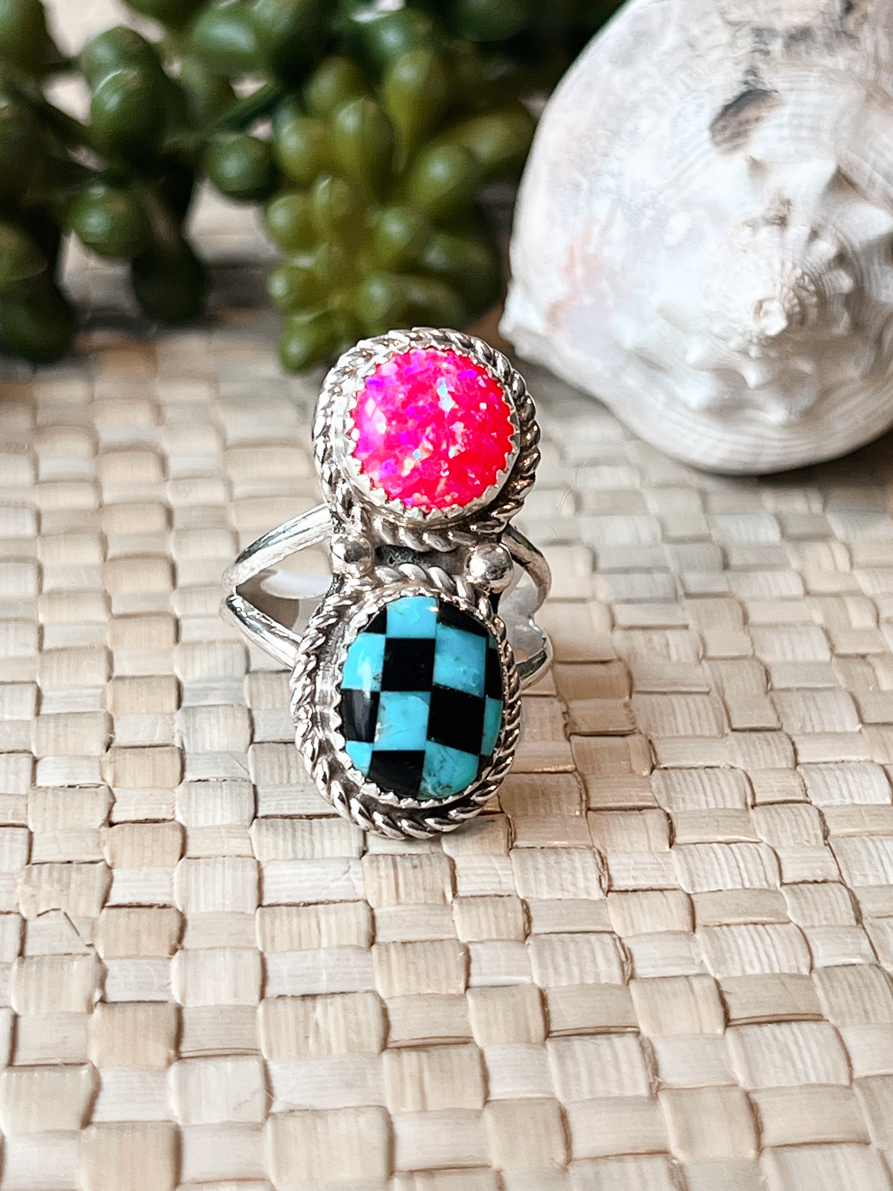 Jewel Jigsaw Opal & Turquoise & Onyx Sterling Silver Ring