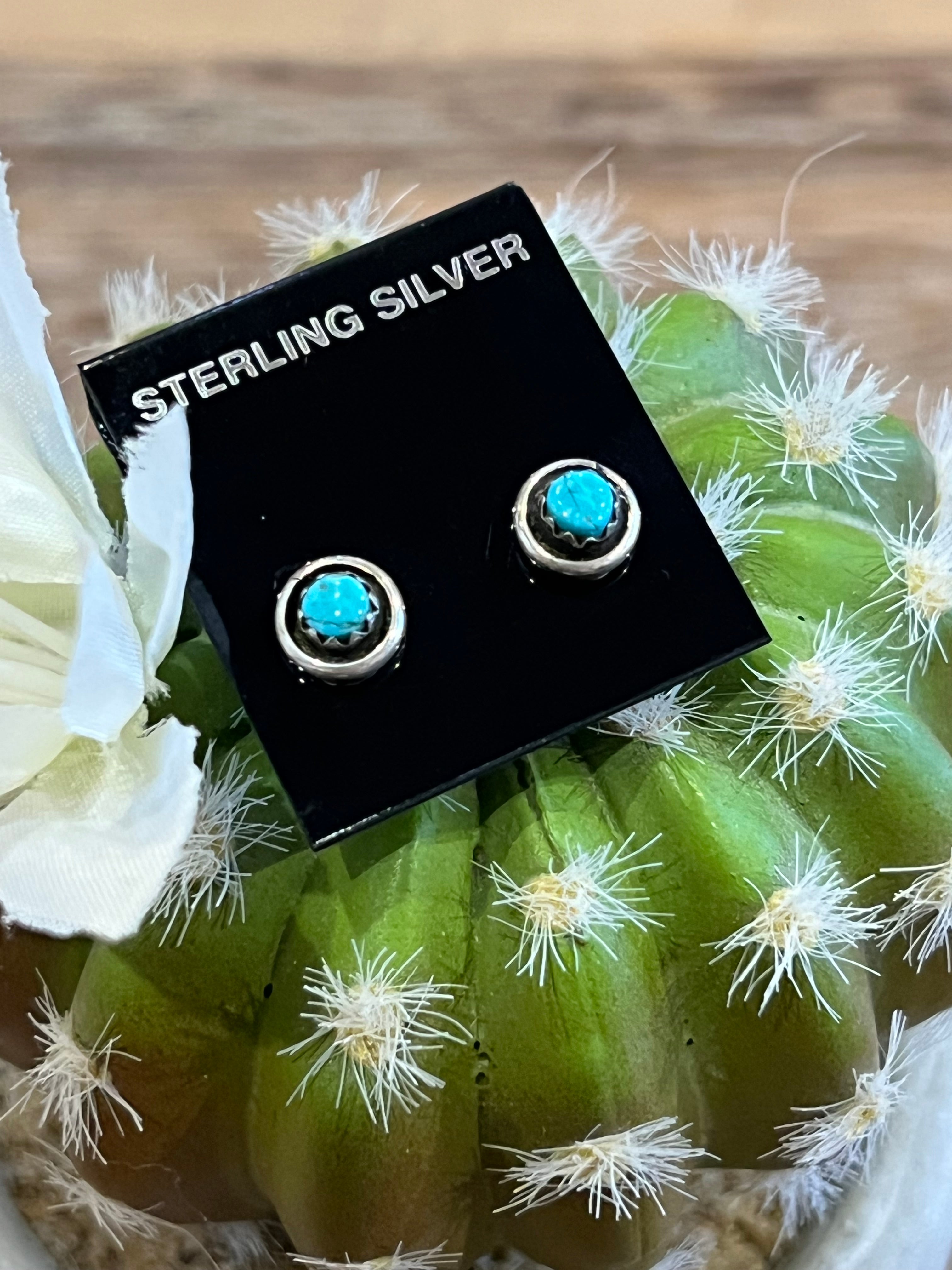 Tiny Framed Turquoise Sterling Silver Earringsu