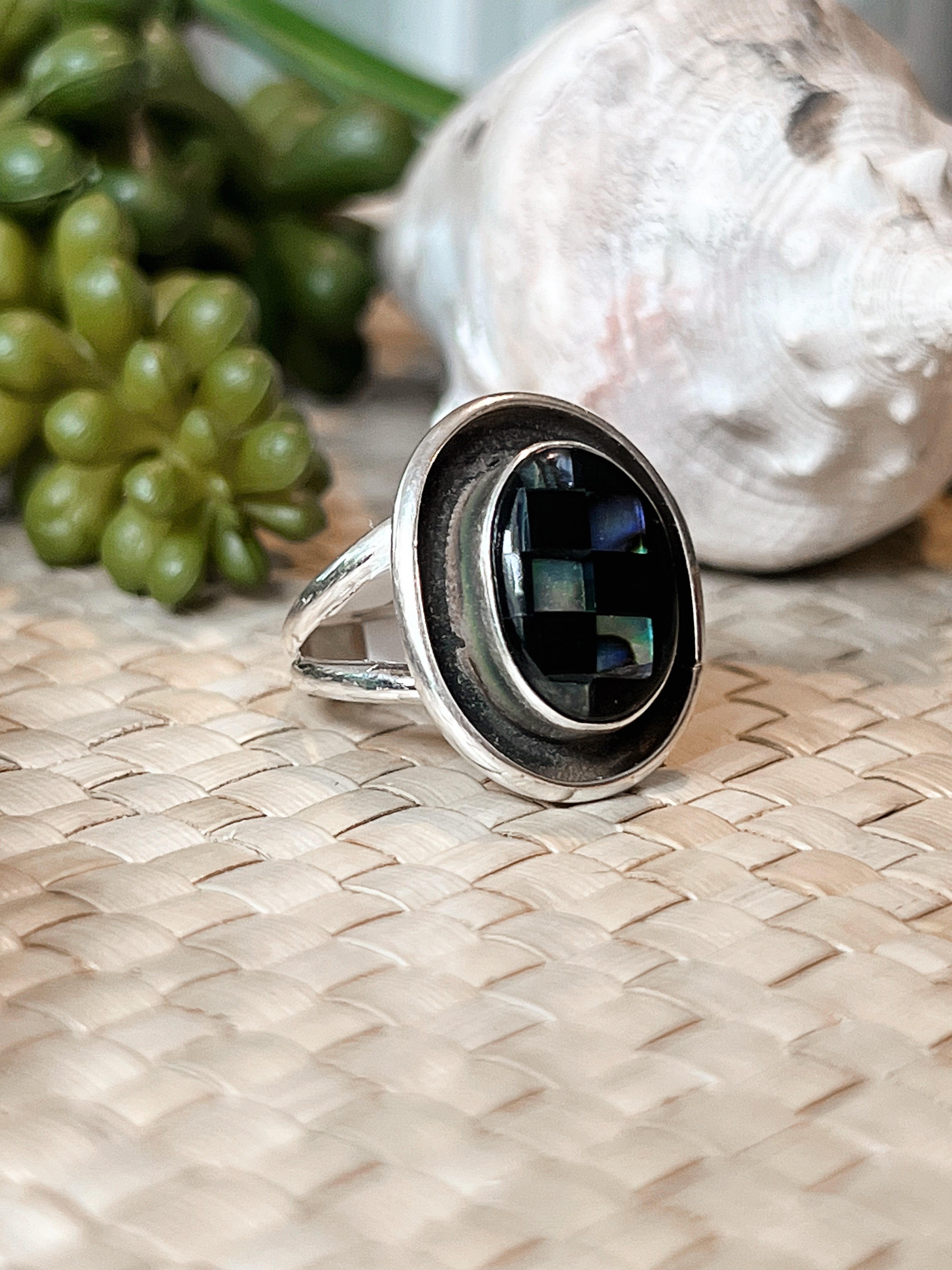 Shadowbox Abalone & Onyx Sterling Silver Ring