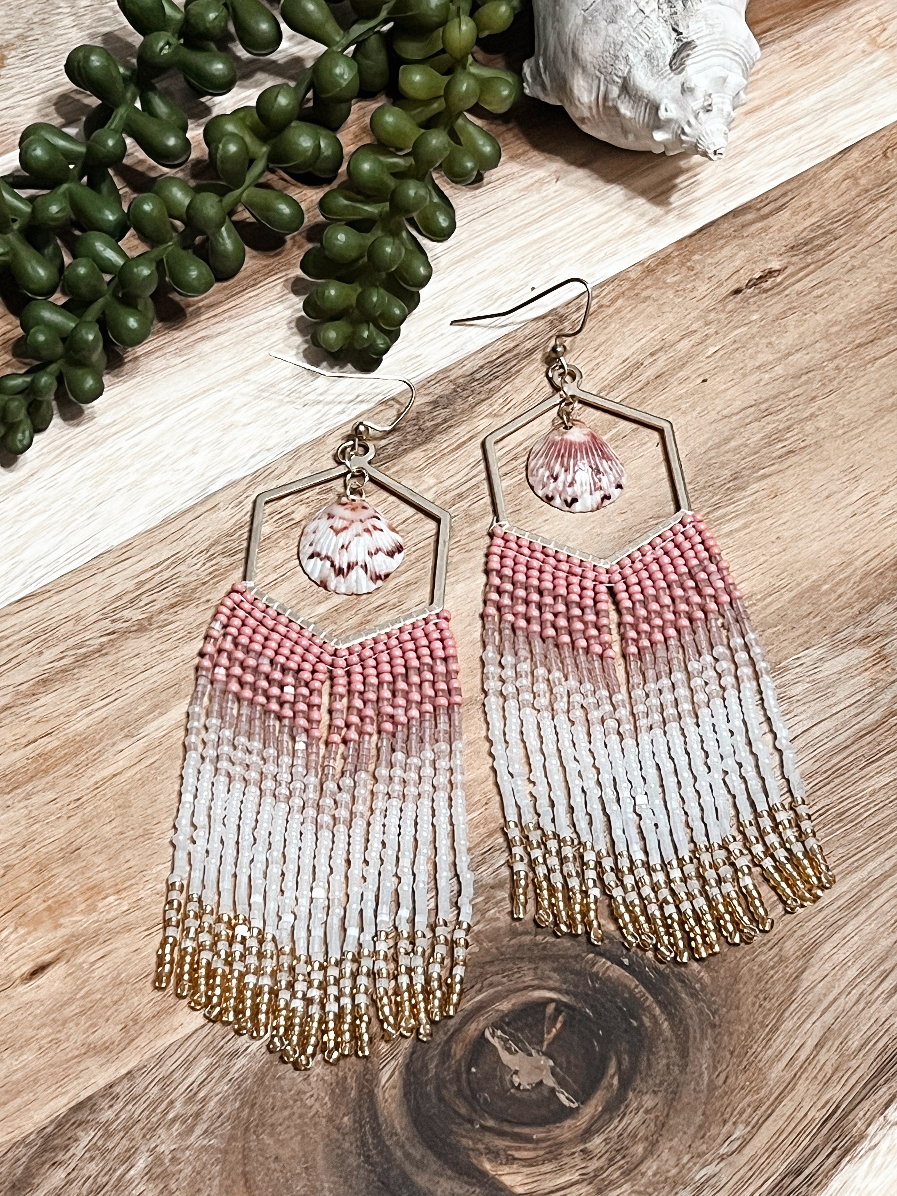 Shimmer Calico Shell Hand Beaded Earrings