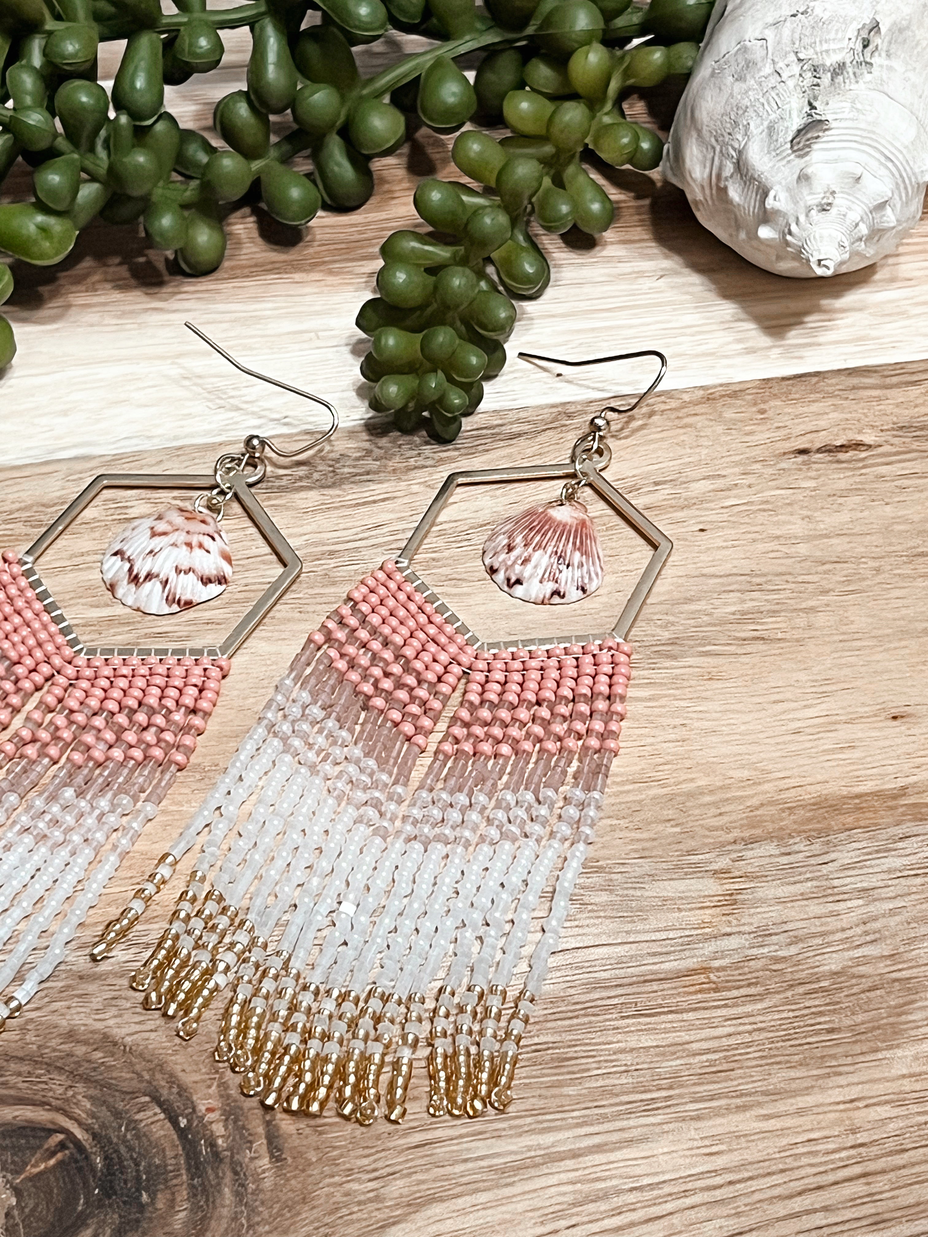 Shimmer Calico Shell Hand Beaded Earrings