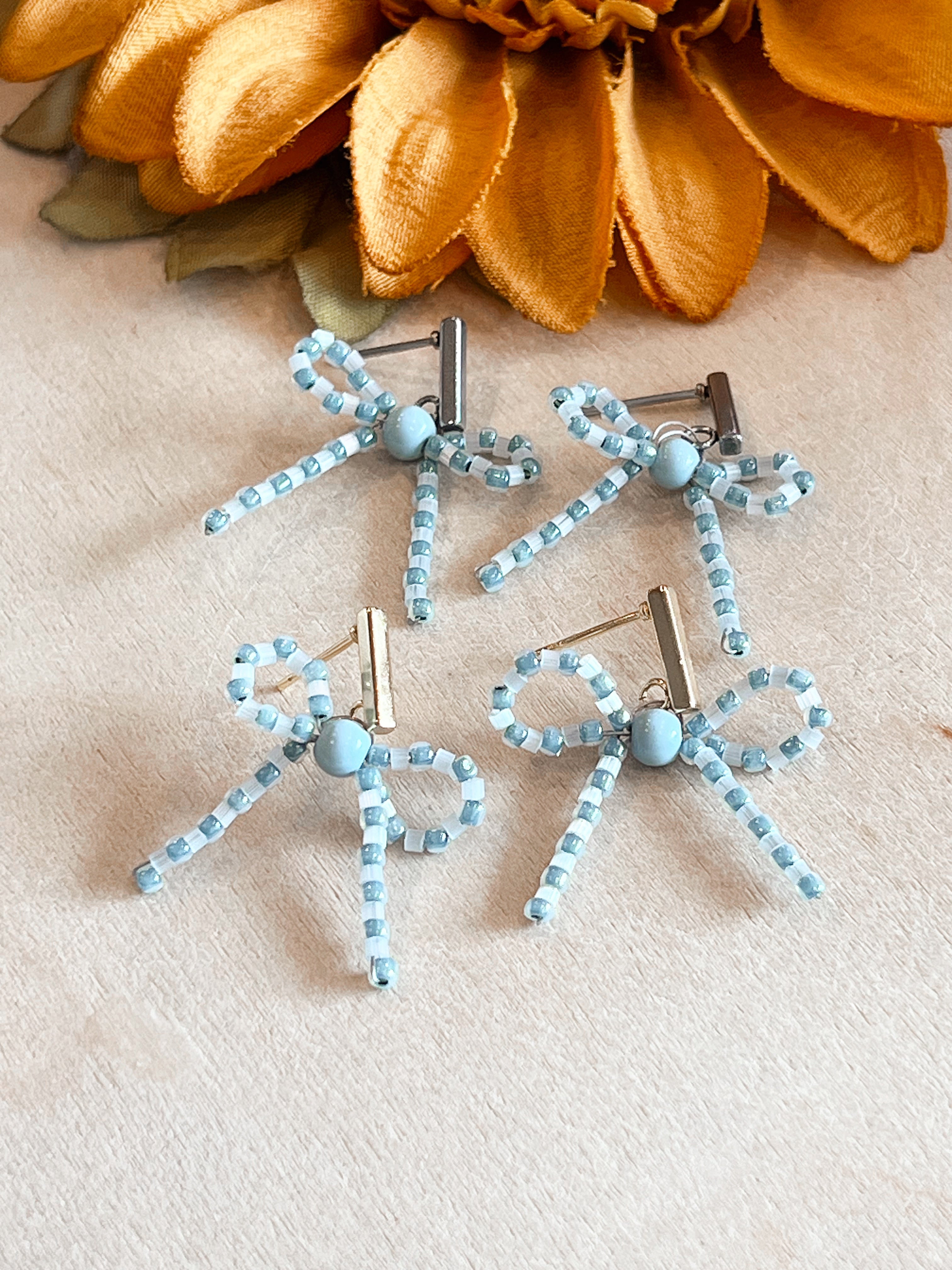 Blue Sparkle Bow Handbeaded Earrings