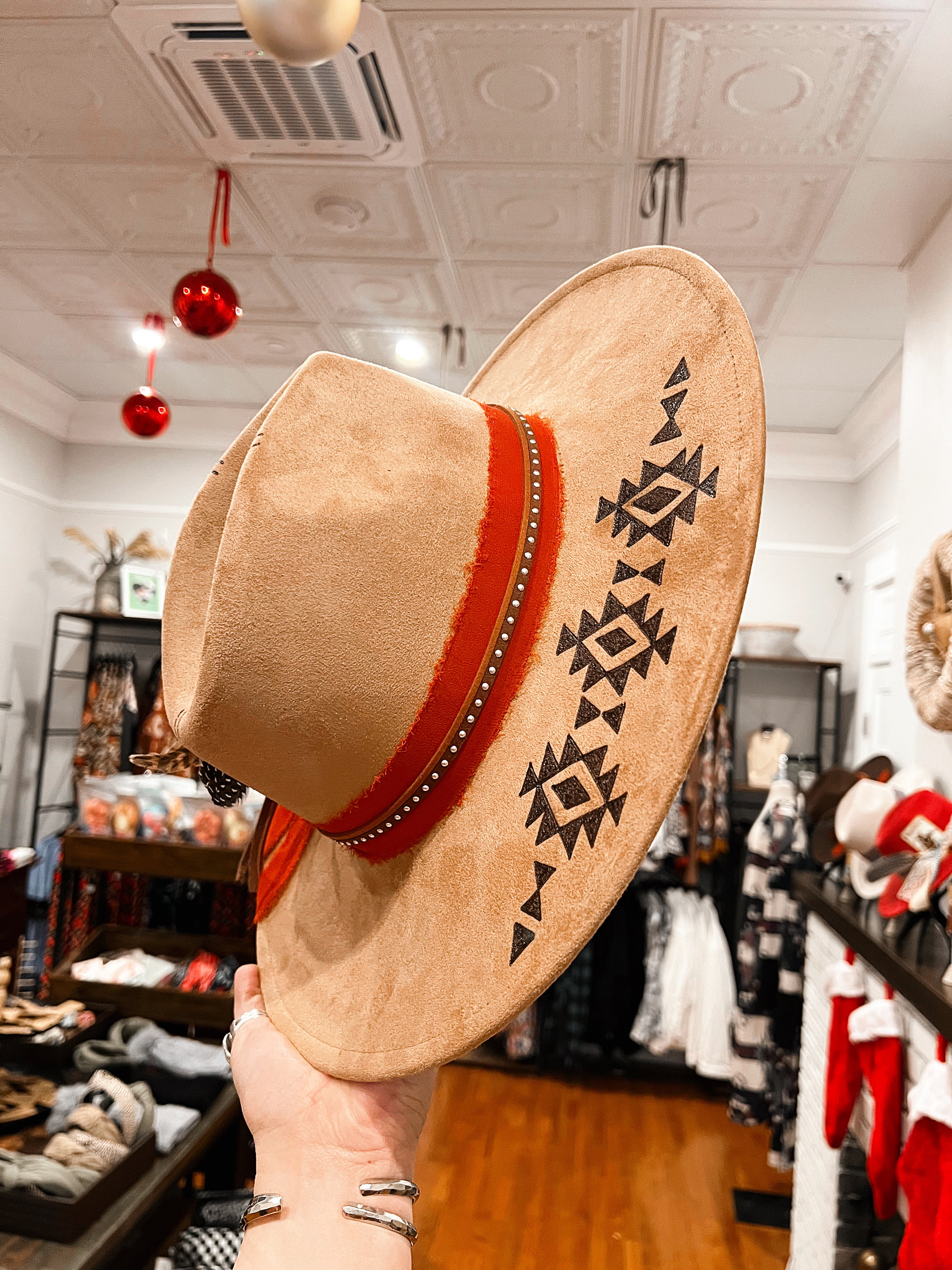 Tan Aztec Hand Burned Hat