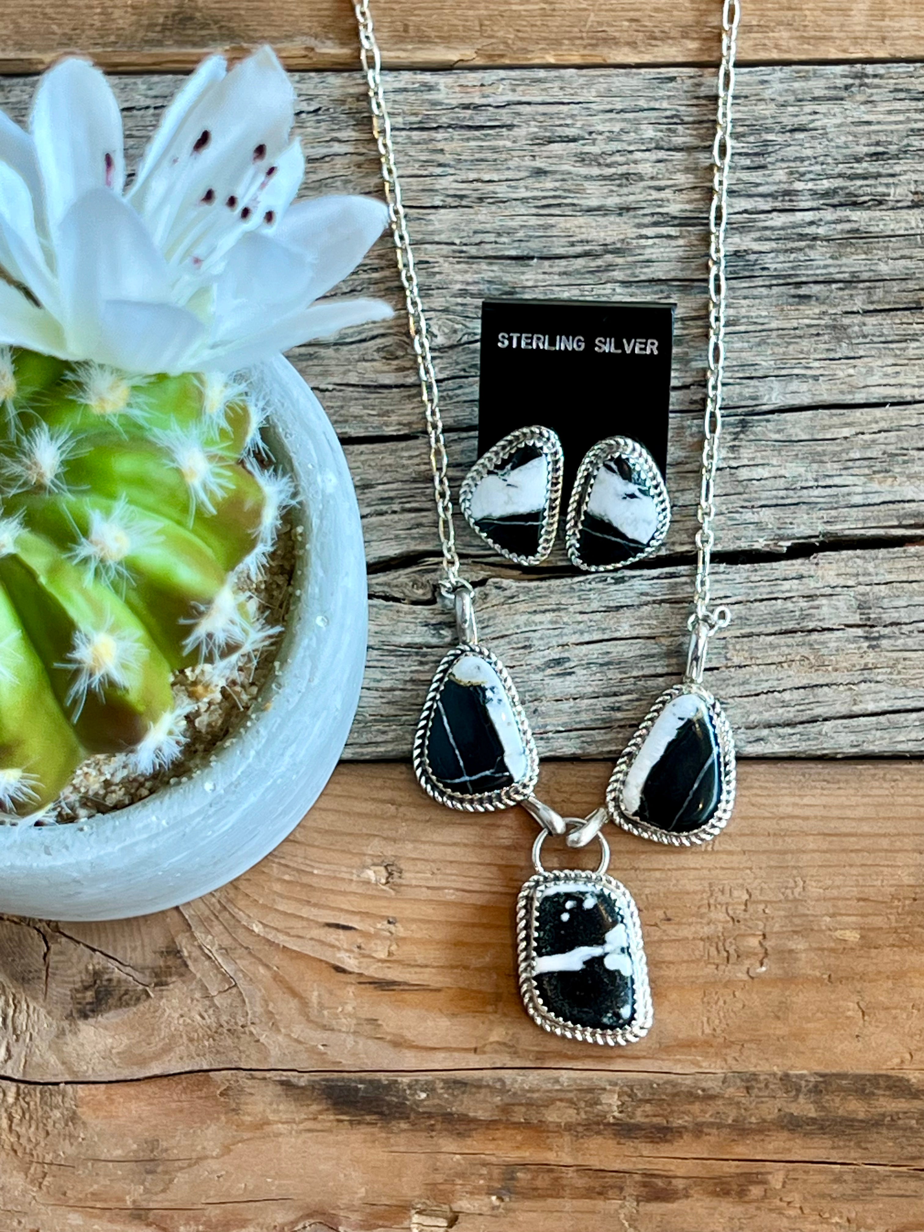 White Buffalo Sterling Silver Necklace and Earrings Set