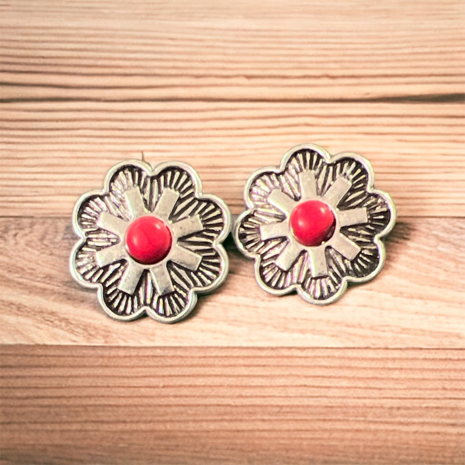 Concho Red Stone Stud Earrings