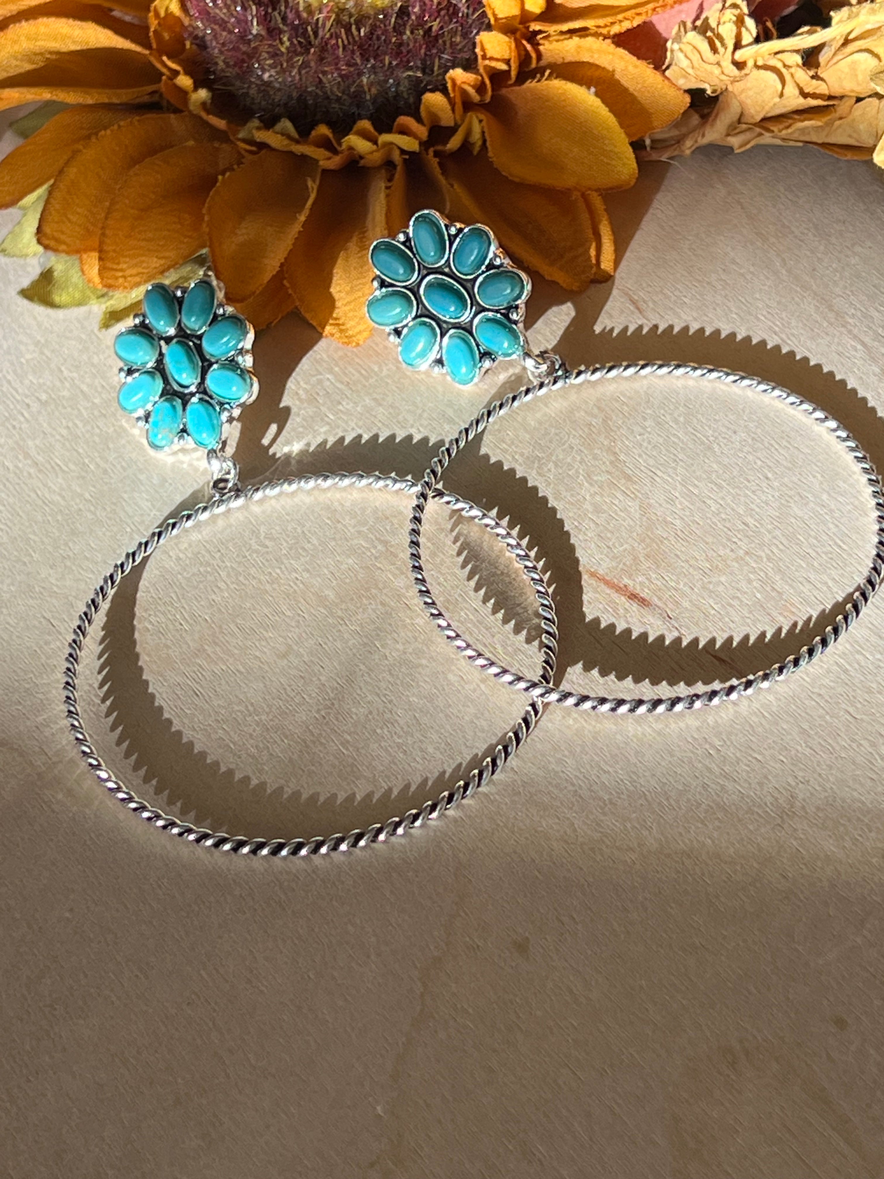 Teal Flower Hoop Earrings