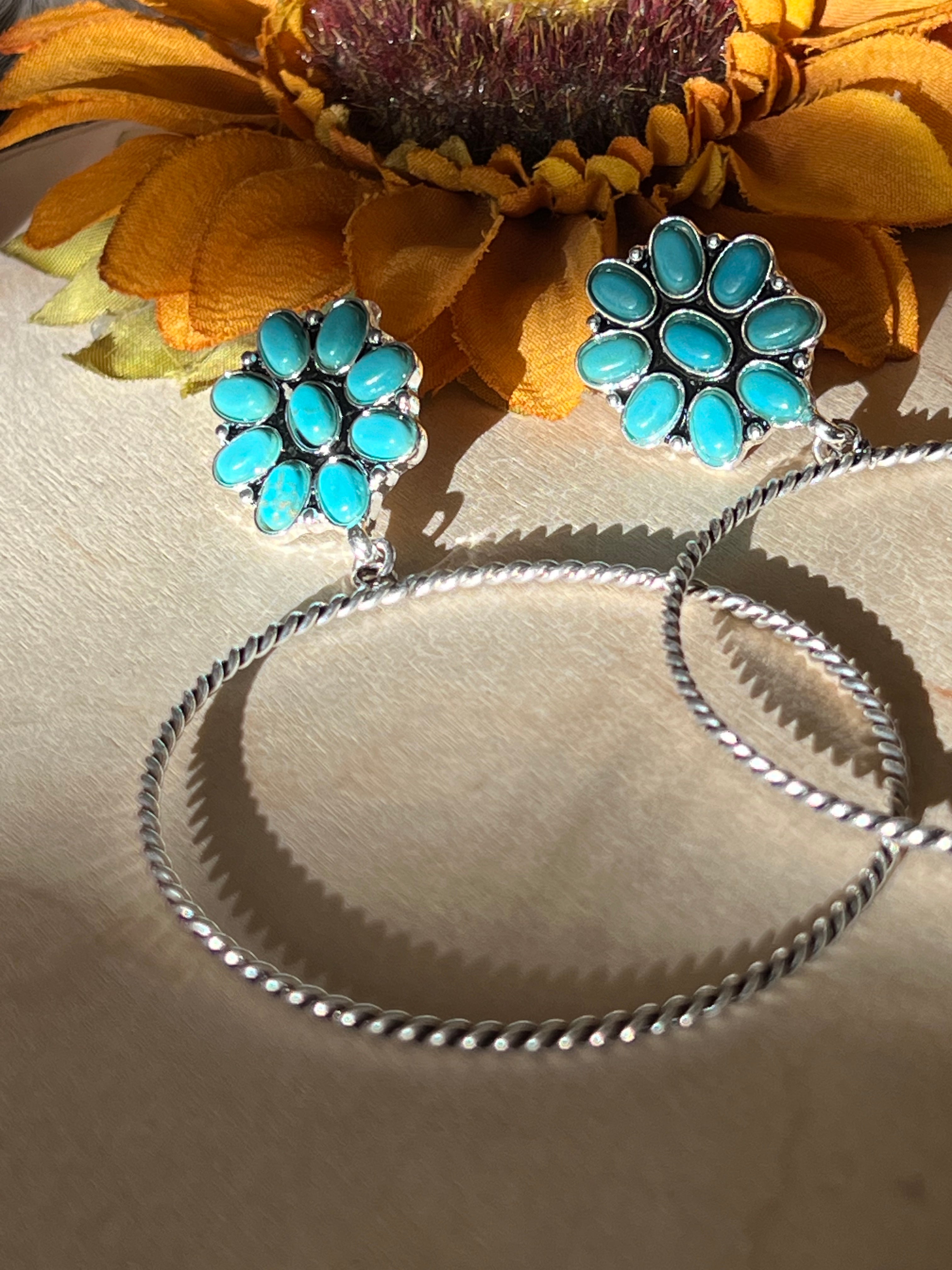 Teal Flower Hoop Earrings