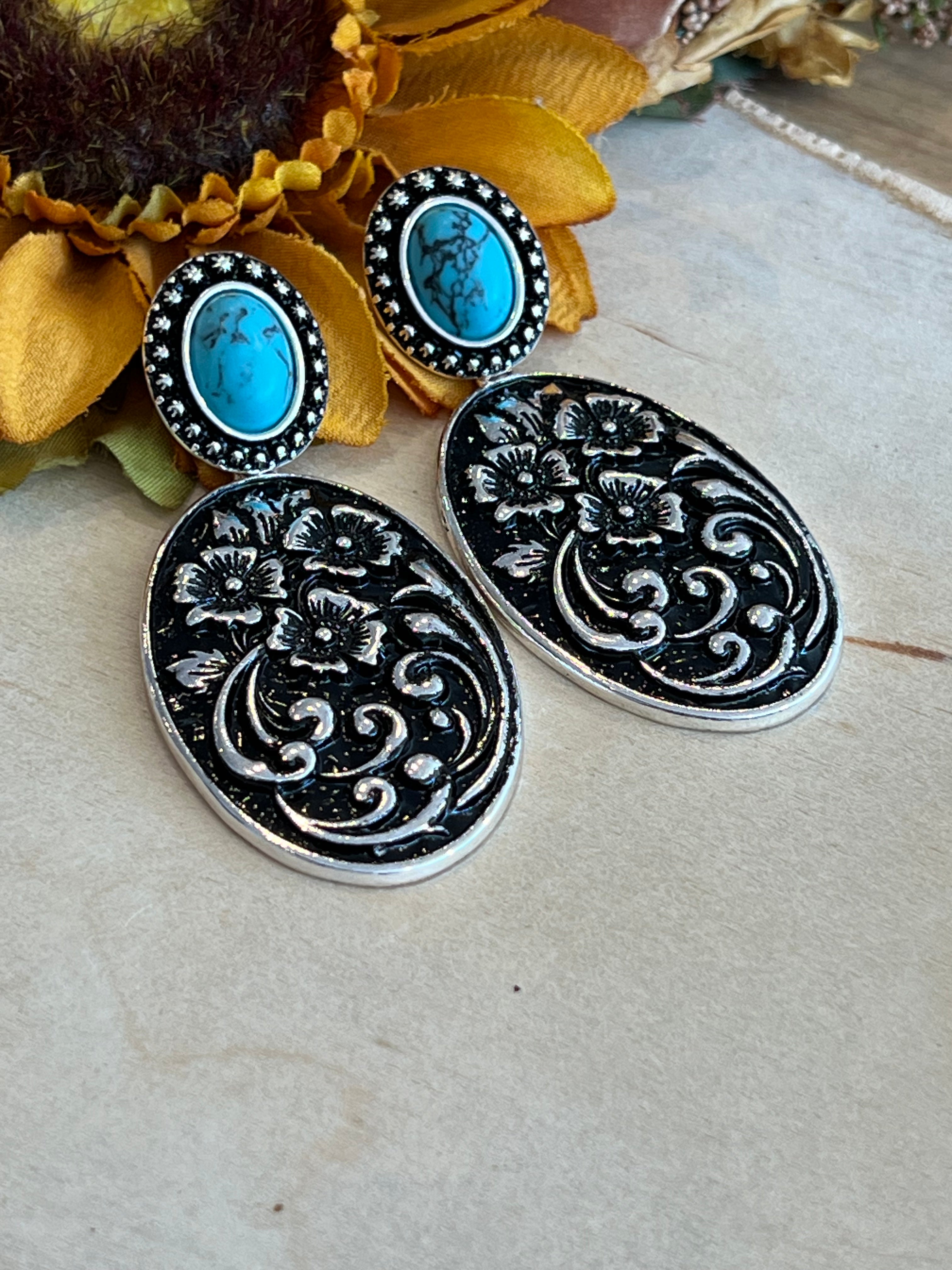 Turquoise Tooled Earrings