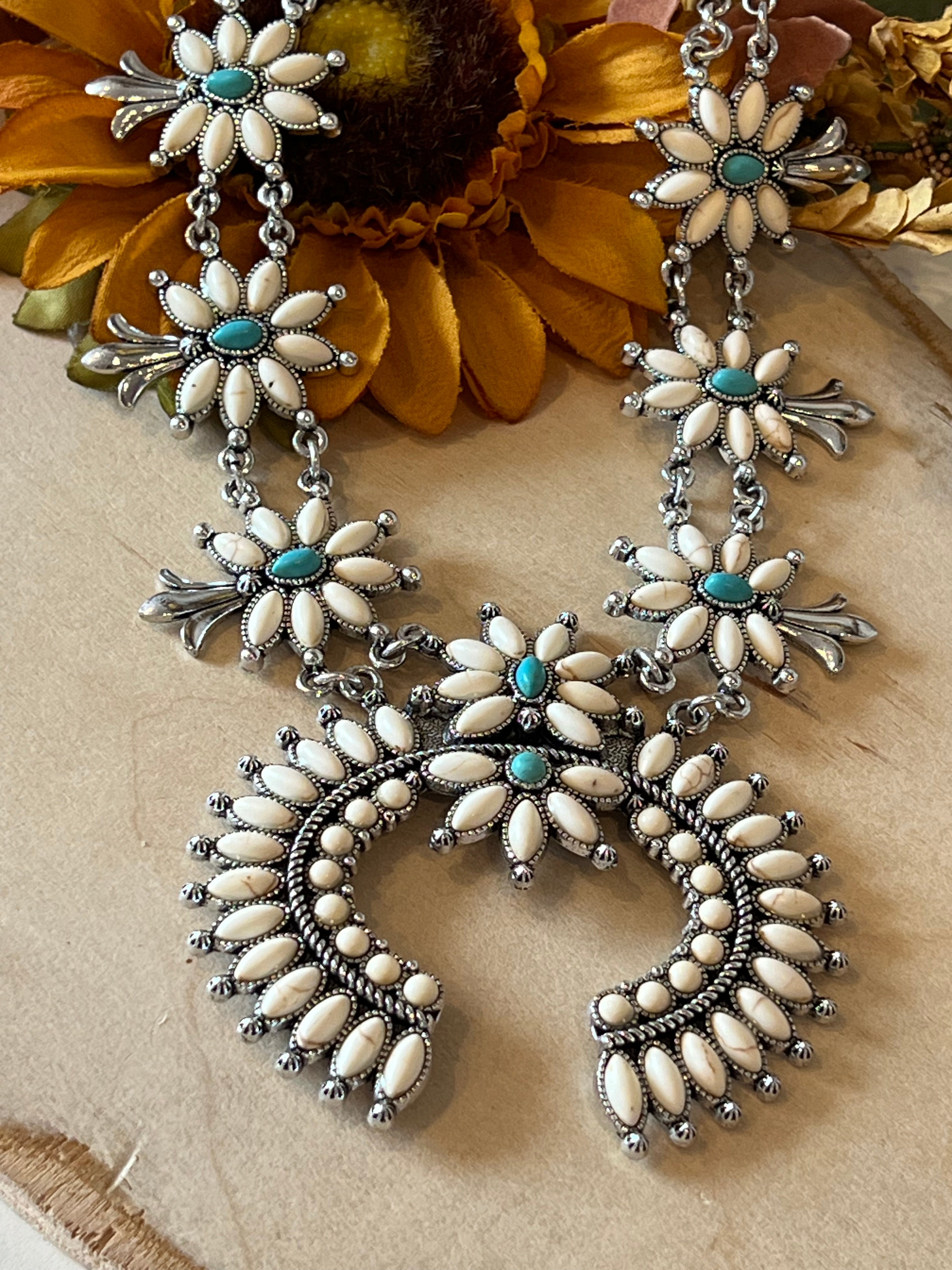 White & Turquoise Faux Stone Squash Blossom Necklace