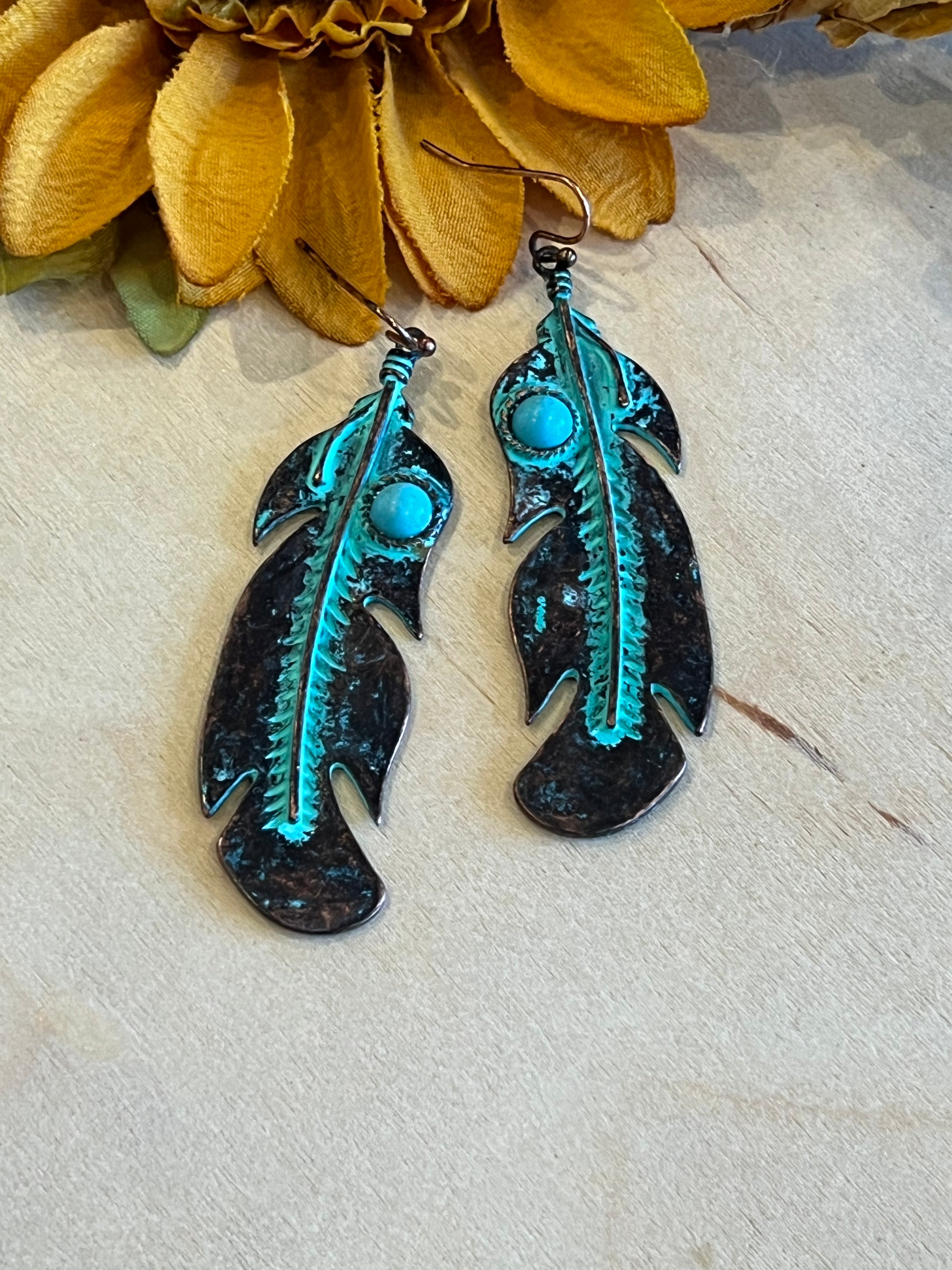 Patina Feather Dangle Earrings