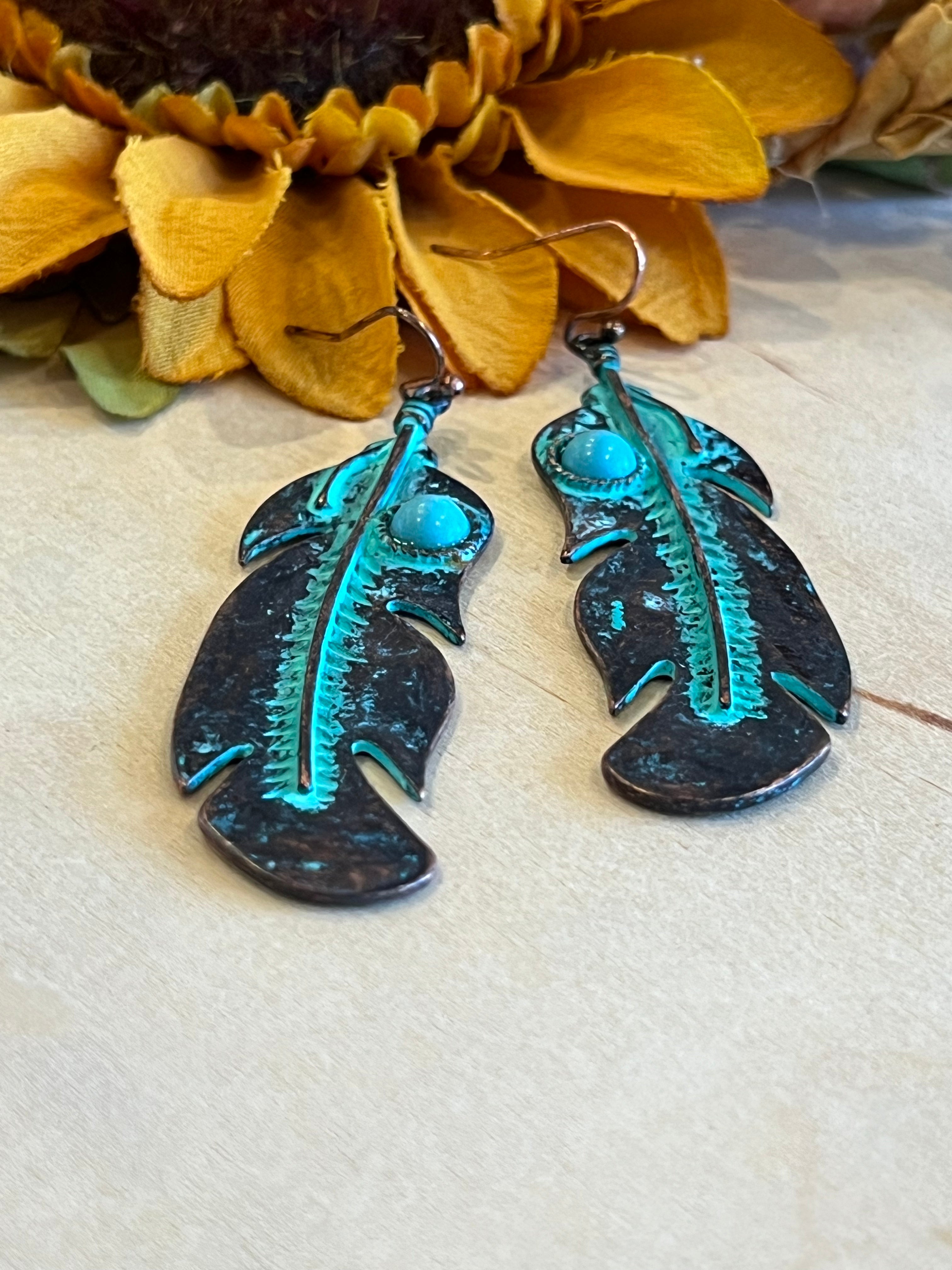 Patina Feather Dangle Earrings