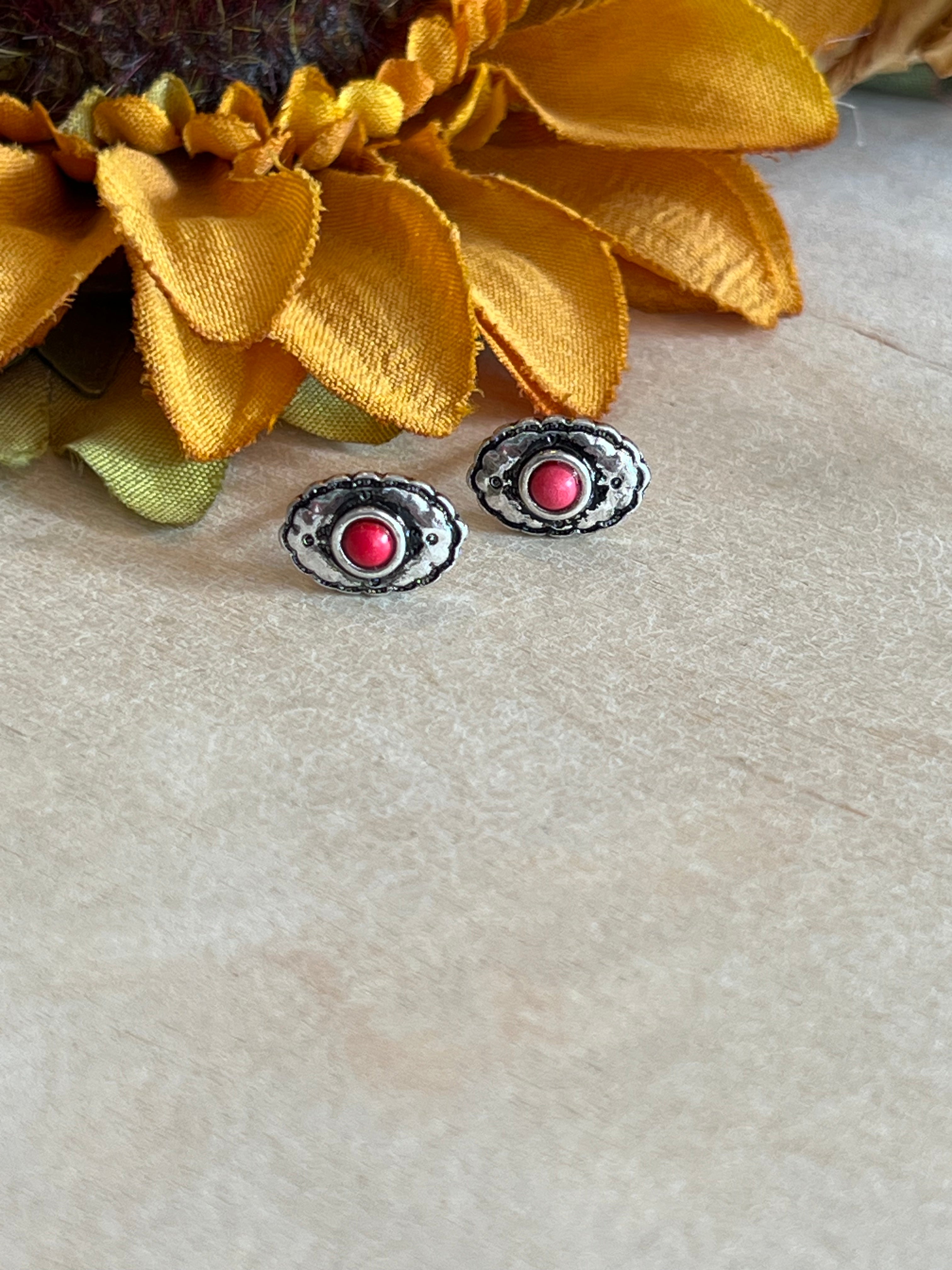 Oval Red Stud Earrings