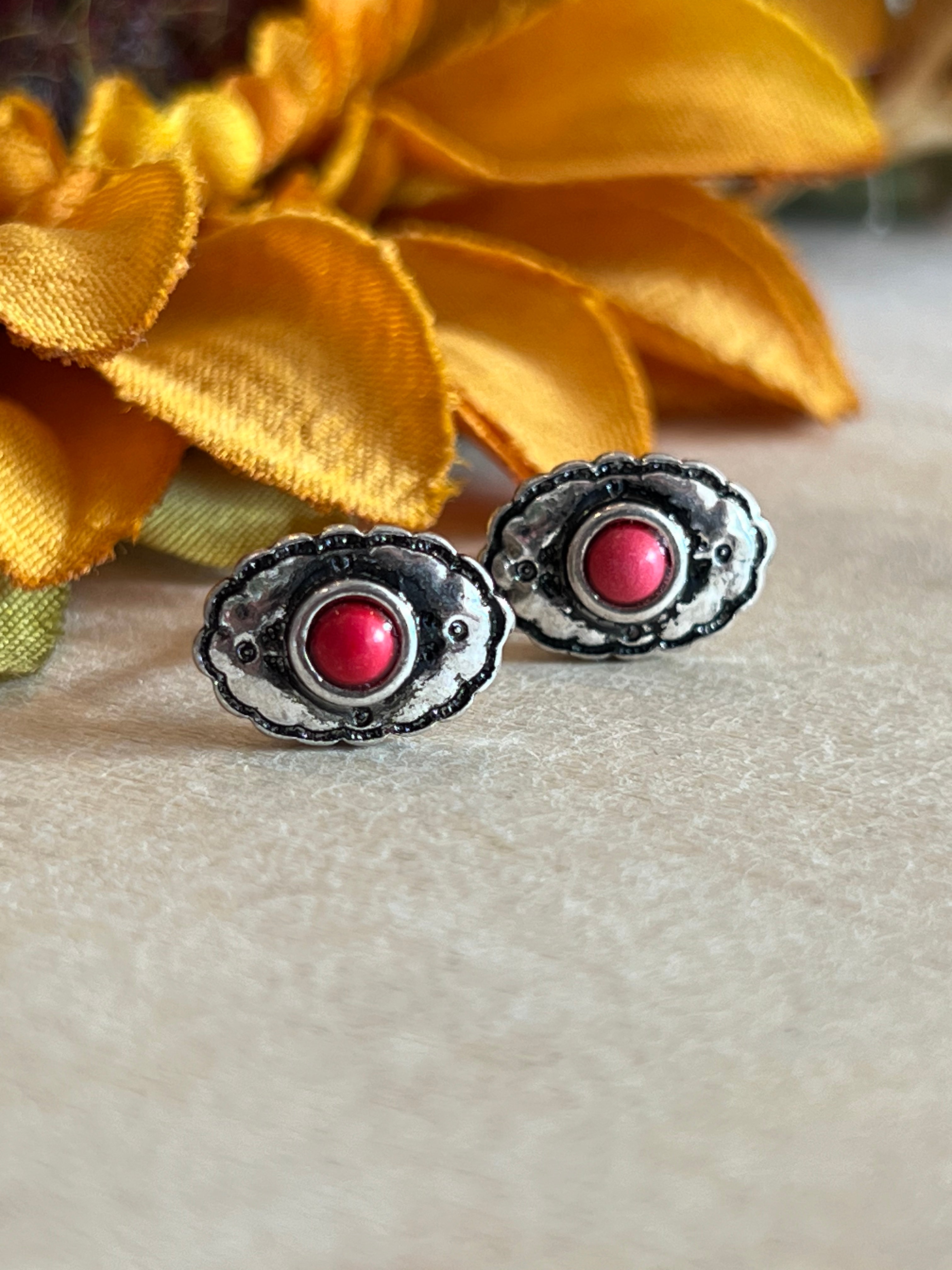 Oval Red Stud Earrings