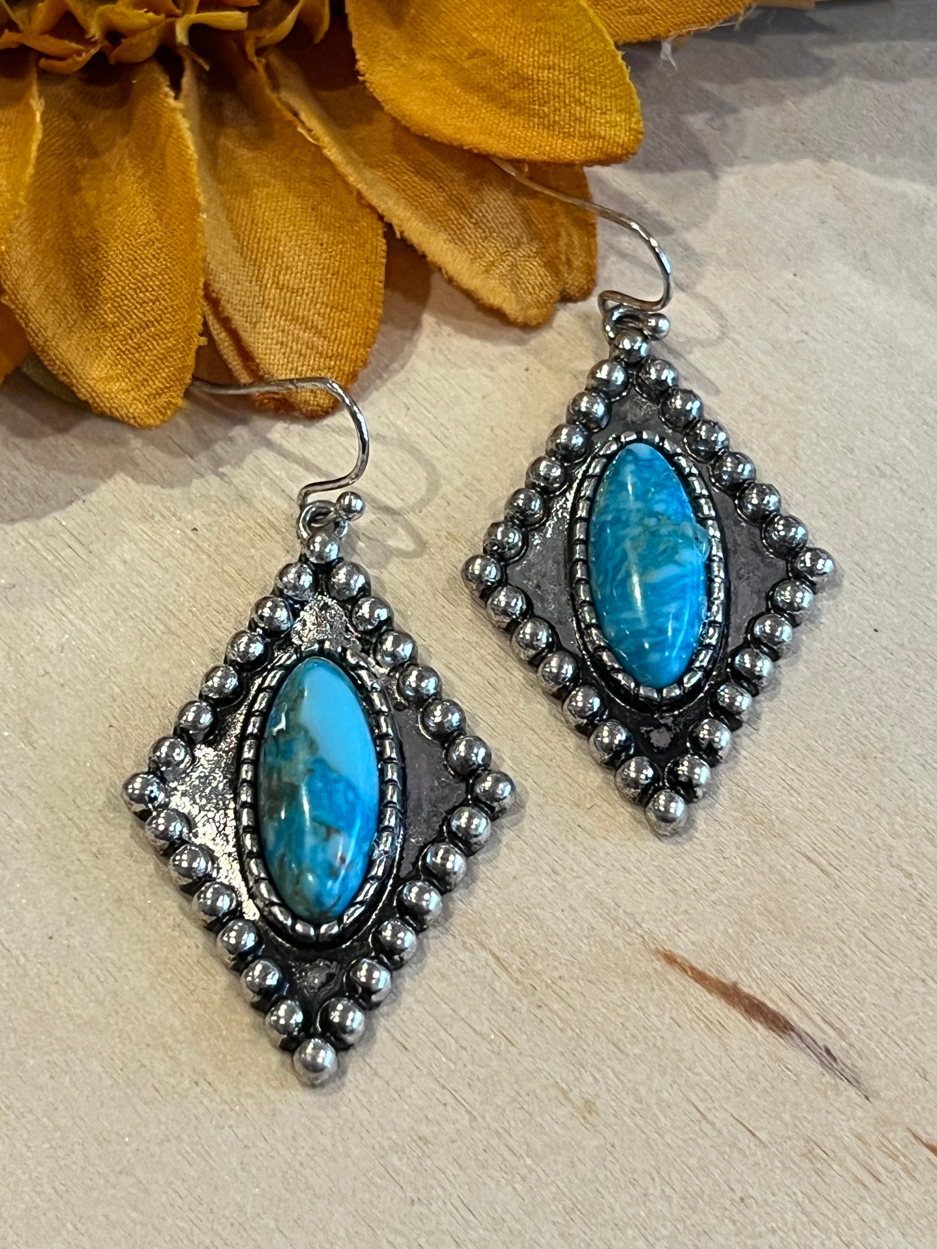 Faux Turquoise Diamond Earrings