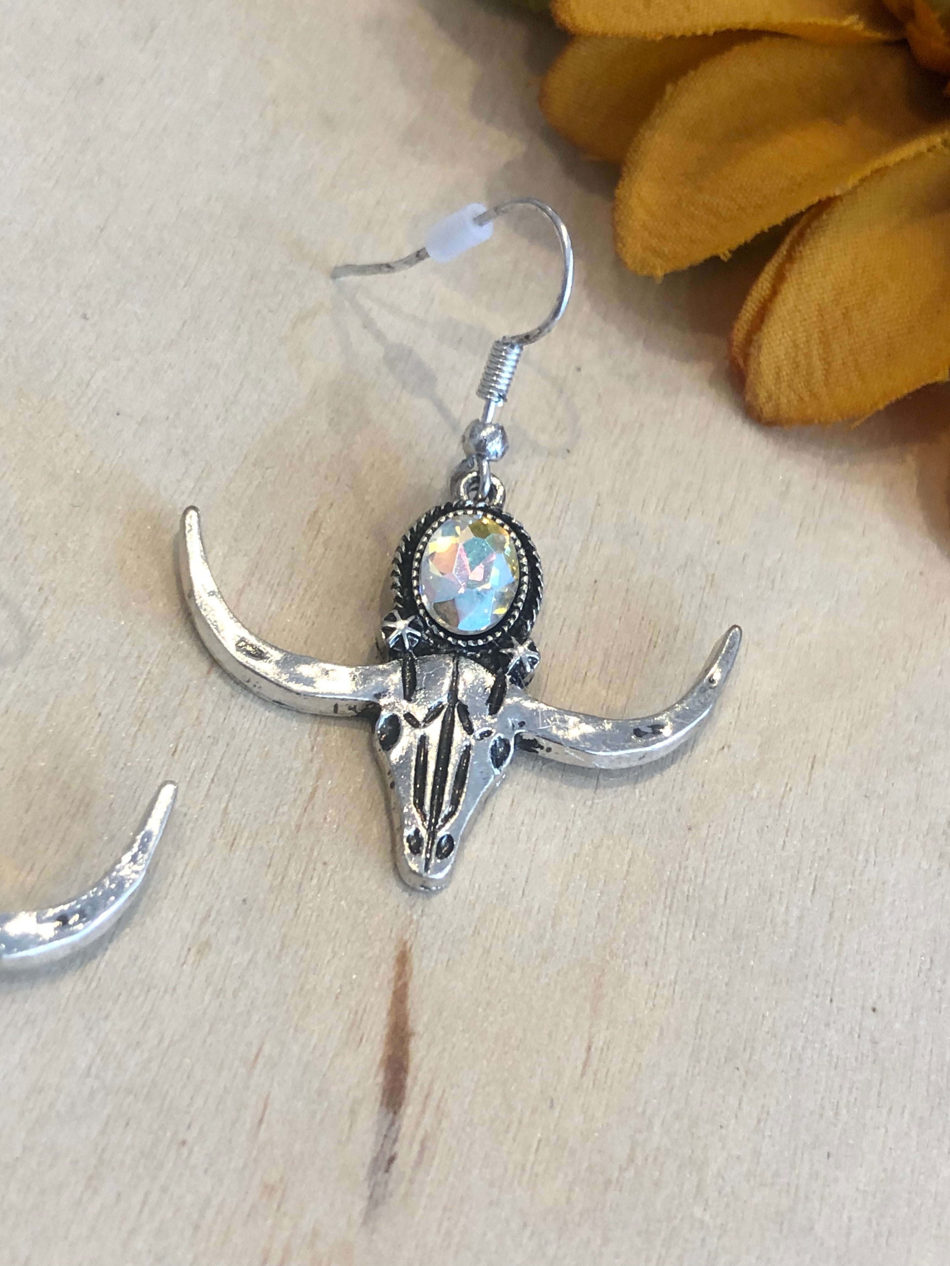 Glass Stone Steer Silver Dangle Earrings
